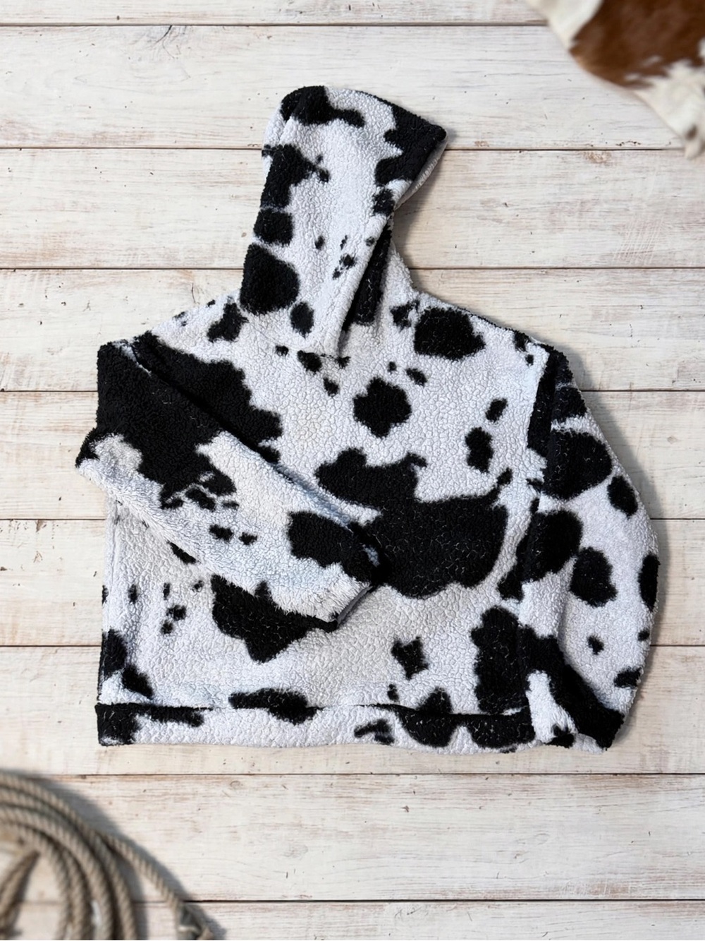 SHEIN Black & White Sherpa Cow Print Hoodie
